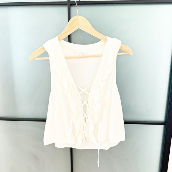 Women’s Boho Victorian Steampunk Ruffle Tie Front Vest Top Ivory Italy O/S M - Picture 5 of 11